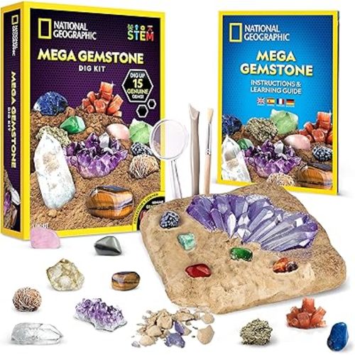 NATIONAL GEOGRAPHIC Mega Gemstone Dig Kit – Dig Up 15 Real Gemstones and Crystals, Science Kit for Kids, Gem Digging Kit, Gift for Girls and Boys, Mining Kit, Rock Collection