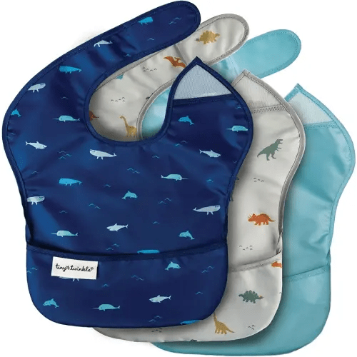 Tiny Twinkle Mess Proof Baby Bibs for Eating – Waterproof, Wipeable Toddler Bibs with Pocket – Baby Food Bibs for Girls & Boys(3 Pack,Sea, Dino)