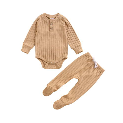 Canrulo Newborn Infant Baby Girl Boy Fall Winter Clothes Rib Knit Romper Footie Pants Outfits Sleeper Khaki 0-3 Months