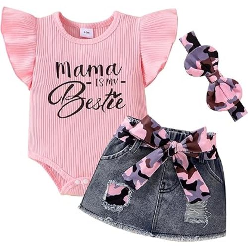 Baby Girl Clothes Newborn Romper Ruffle Sleeve Short Jeans Skirt with Headband Infant Outfits Set 0-18 Months