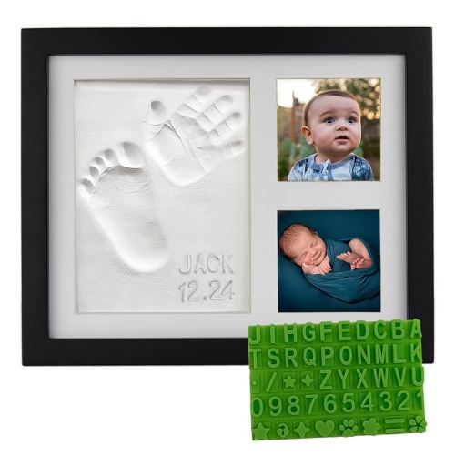 Baby Hand & Footprint Clay Keepsake Photo Frame Kit - w/Silicone Stencil for a Personalized Gift. Wood Frame, Wall/Table Mount. Perfect Registry, Baby Shower, New Mom, Birthday & Newborn Gift - Black