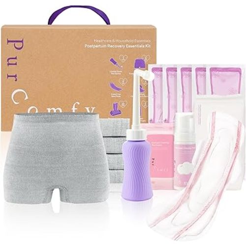 PurComfy 18 Pcs Postpartum Essentials Recovery Kit, Includes 5 Disposable Underwear, 24 Perineal Pad Liners, Perineal Care Foam, 5 Instant Ice Pads, Peri Bottle and 5 Postpartum Pads