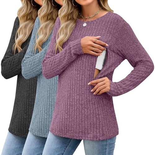 3 Pack Women's Nursing Long Sleeve Tops Breastfeeding Thermal Sweaters with Hidden Zipper Maternity Ribbed Shirts