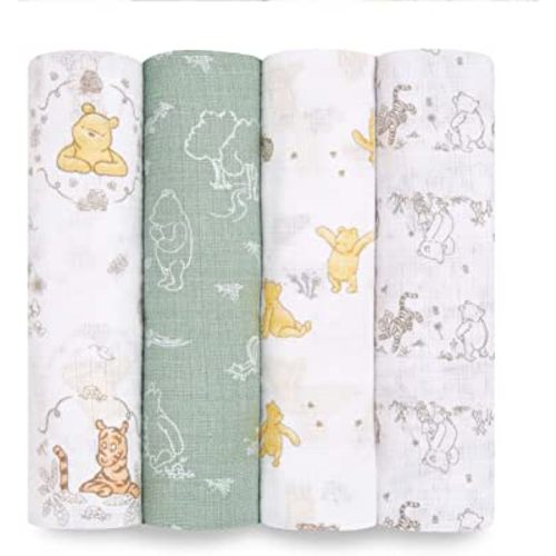 aden + anais Essentials Disney Muslin Swaddle Blankets for Baby Girls and Boys, Newborn Receiving Blanket for Swaddling, 100% Cotton Baby Swaddle Wrap, 4 Pack, Winnie + Friends