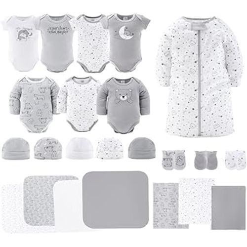 The Peanutshell Baby Layette Gift Set for Baby Girls - 23 Piece New Born Girl Gift Set, Clothes & Newborn Essentials Must Haves - Girl Clothes 0-3 Months - Grey Celestial & Bear