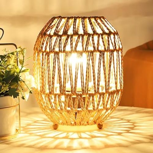 Capslpad Rustic Boho Rattan Table Lamp Dimmable Handmade Woven Small Desk Lamp Natural Decorative Bedside Lamp Farmhouse Nightstand Lamp for Bedroom,Living Room,Kids Room,Boho Room Decor
