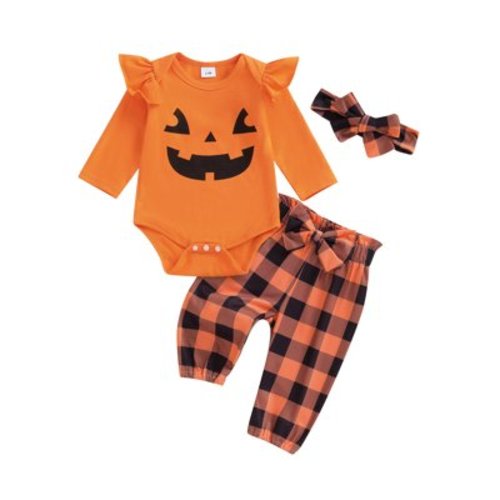 Taoocy Toddler Baby Girl Halloween Outfit Pumpkin Print Long Sleeve Romper Plaid Pants Tie Headband Set