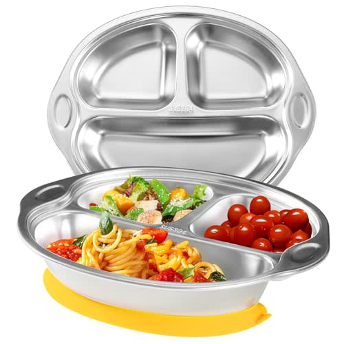 Mrs. Chou Stainless Steel Baby Suction Plates: Divided Plates for Babies and Toddlers, Made of 100% Food-Grade Materials Ideal for Baby-Led Weaning BPA-Free Toddler Feeding Dishwasher Safe Yellow