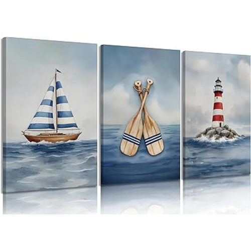Blue Nautical Nursery Wall Art Vintage Sailboat Lighthouse Pictures Wall Decor Boy Coastal Posters Navy Sea Ocean Canvas Print Artwork for Kids Boys Room Playroom Bedroom Decor, Framed