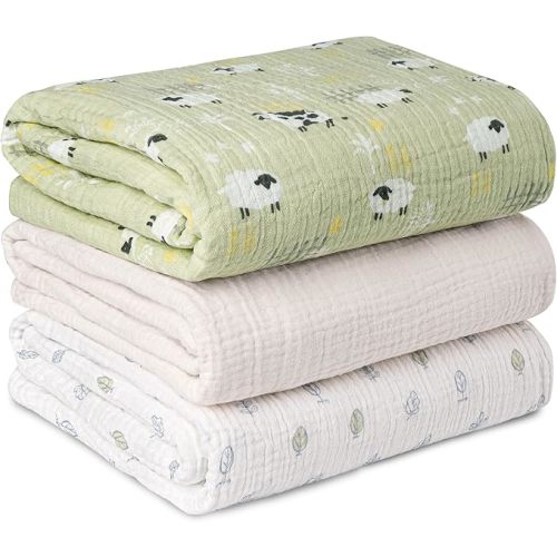 Muslin Swaddle Blankets for Newborn, 3 Pack Breathable Soft Receiving Blanket, Large 38 x 40 inches Swaddle Wrap Burping Clothes Diapers, Essentials Infant Shower Items, Toddler Gift (Cute Farm)