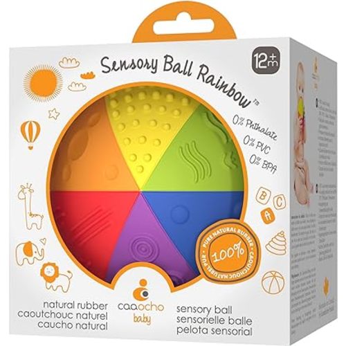 caaocho Pure Natural Rubber Sensory Ball Rainbow 4" - BPA Free Baby Ball Toy, for Sensory Play, Perfect Bouncer, Gentle Squeaking