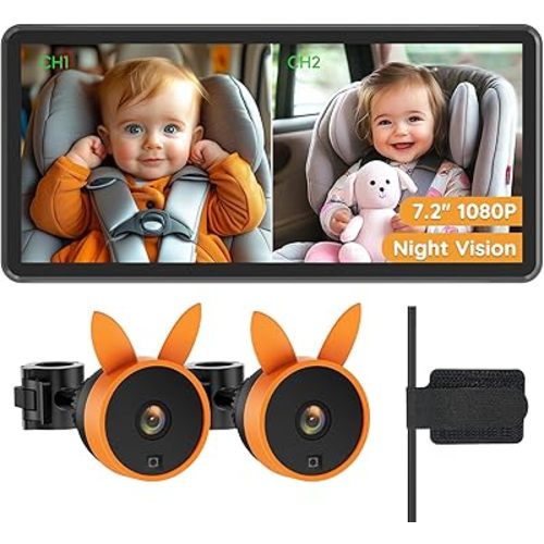 Baby Car Camera for 2 Kids - 7.2" Large HD Display Dual Channel Baby Monitor, Clear 1080P IR Night Vision Car Seat Camera, Easy Install & Secure Rear-Facing View