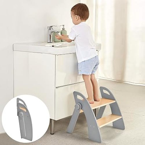 Wooden 2 Step Stool for Kids - Grey