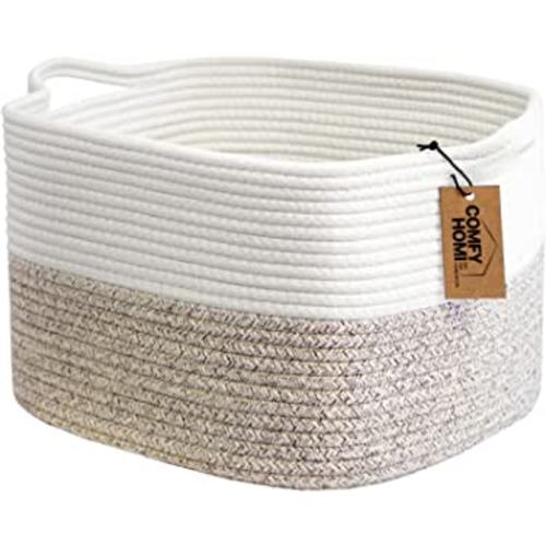 Cotton Rope Woven Basket With Handles for Shelves ,Toys ,Book, Cloth Storage Baskets for Organizing-13.5" x 11" x 9.5" Nursery Cube Bin,Decorative Storage Organizer for Living Room, Bathroom by COMFY-HOMI(White/Brown) : Baby
