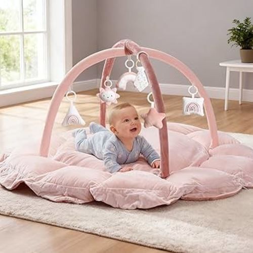5-in-1 Thick & Plush Baby Play Gym, Baby Play Mats for Floor, Tummy Time Mat with 6 Toys, Convertible Stage-Based Developmental from Babies to Toddlers, Ball Pit, Pink