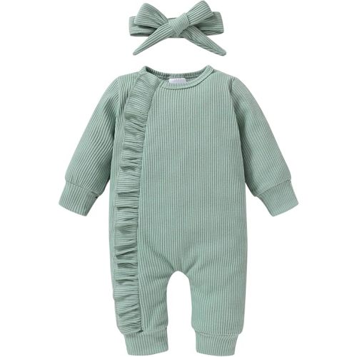 Happy Town Baby Girl Romper Infant Fall Winter Clothes Ruffle Sweater Long Sleeve Bodysuit Jumpsuit and Headband