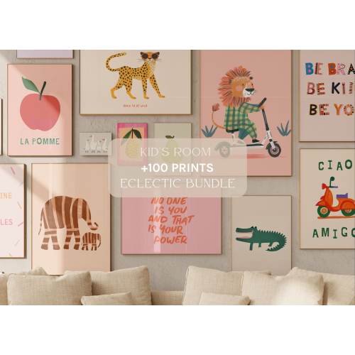 Eclectic Nursery Wall Art Set of 100 Colorful Prints, Kid&#39;s Room Decor Animals, Gender Neutral Playroom Decor, Affirmation Posters Classroom