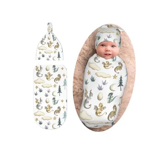 Cute Dragon Print Swaddle Blanket with Beanie Set, Cloud Moon Star Dragons Egg Swaddle Sack Newborn Sleeping Sacks for Girls Boys