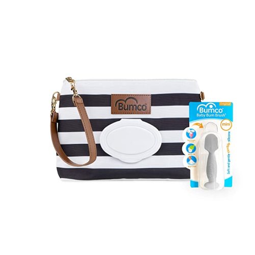 Diaper Clutch Bag and Mini Rash Cream Applicator with Travel Case, Soft Flexible Silicone - Water Resistant; Lightweight; Refillable Wipes Dispenser; Portable Changing Kit (Black + Gray) … - Diaper Clutch + Bum Brush