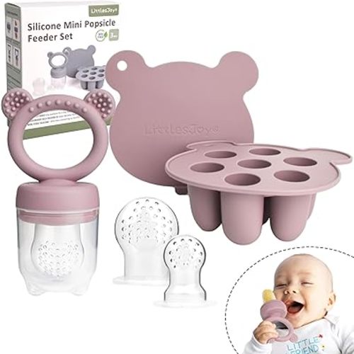 Silicone Baby Fruit Feeder & Freezer Tray Set, Baby Breast Milk Popsicle Mold for purees, Baby Teething Relief for Toddler BPA Free for 3 Month+, Additional Silicone Pouches (Dusty Lilac)