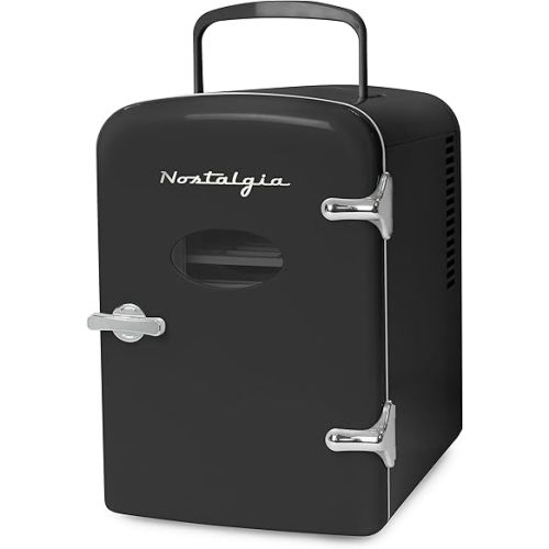 Nostalgia Retro Mini Fridge and Heater 6-Can Capacity, 12-Volt Power Adapter, Carry Handle and Display Window-Perfect for Home, Office, Car, or Dorm Room-Black
