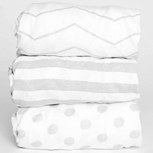3 Fitted Bassinet Sheets Gray Set Baby Girl/Boy - 100% OEKO-TEX Cotton Gender Neutral Chevron, Polka Dot, Stripe Universal Fit - Cradle/Moses Basket Hourglass, Oval Rectangle Mattress Sheet
