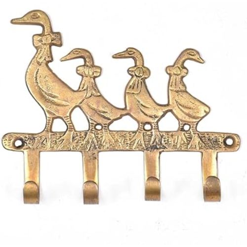 Indian Shelf 1 Pack Key Holders Mother Baby Geese Vintage Brass Decorative Wall Hooks for Hanging Unique Coat Rack Wall Mount Antique Farmhouse Towel Hangers Gold
