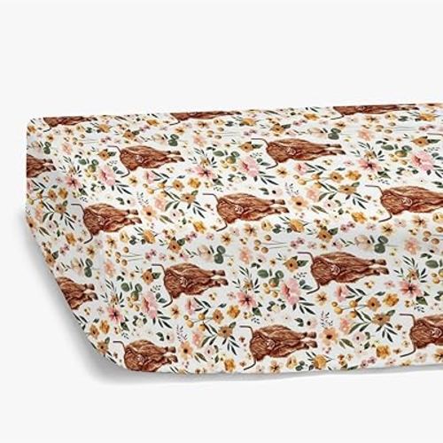 HawSkgFub Highland Cow Floral Boho Fitted Standard Crib Sheet for Baby Girl, Retro Western Farm Animal Yak Flower Toddler Mattress Cover, Soft Stretchy Nursery Bed Sheets Decor Kids Gift 52" x 28"