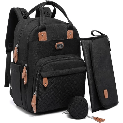 Dikaslon Diaper Bag Backpack with Portable Changing Pad, Pacifier Case and Stroller Straps, Large Unisex Baby Bags for Boys Girls, Multipurpose Travel Back Pack Moms Dads, Black