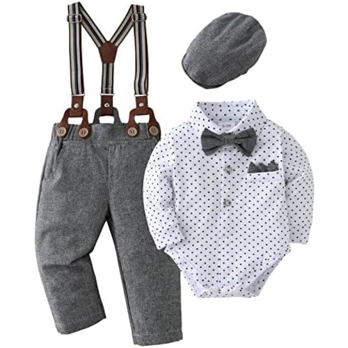 nilikastta Baby Boy Wedding Outfits Infant Baby Boy Clothes Suit Dress Shirts/Suspender Pants/Bowtie/Beret Hat 0-18M