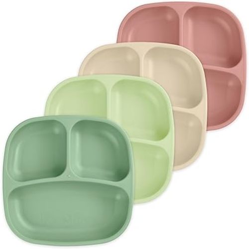 Re-Play - 4 Pack 7.37" Divided Plates with Deep Sides for Baby, Toddler & Child Feeding - BPA Free - Made in USA from Recycled Milk Jugs - Cactus Flower