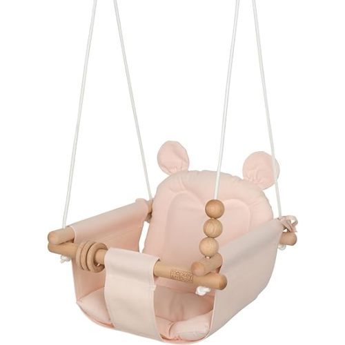 Monkey & Mouse Baby Swing, Pale Pink Indoor Outdoor Portable Hanging Chair, Infant & Toddler Kids 12 Months - 4 Years, Cotton Canvas & Beech Wood Frame, Sensory Hammock Boy & Girl Seat w/Wooden Toys