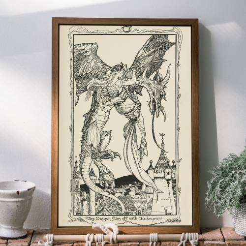 Reproduction Antique Fairytale Artwork, Dragon and Queen, Castle, Henry Justice Ford, Fine Art Print, Victorian Black and White Illustration