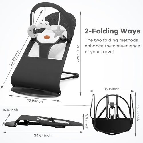 HKAI Baby Bouncer, Portable Baby Bouncer Seat for babies 0-18 months, 100% Cotton Fabrics, 3 Modes of use with Rocker and Stationary Options, Infant Rocker Chair with Hanging Toys-Dark grey
