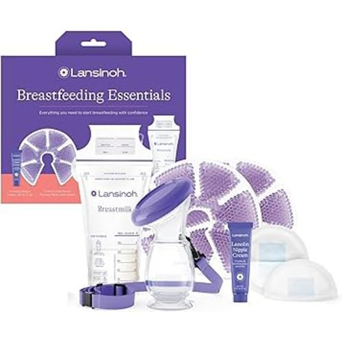Lansinoh Breastfeeding Essentials Kit for Nursing Moms: Nipple Cream, Nursing Pads, Breast Milk Storage Bags, Hot & Cold Breast Therapy Packs, Silicone Breast Pump, 77 Pieces