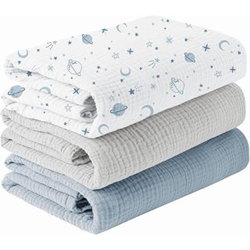 Konssy 3 Pack Muslin Swaddle Blankets for Unisex, Newborn Receiving Blanket, Large 47 x 47 inches, Soft Breathable Muslin Baby Swaddles for Boys & Girls