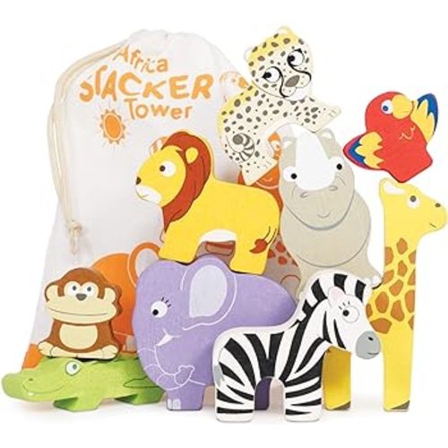 Le Toy Van - Wooden Petilou Africa Stacker Tower & Bag | Educational Animal Stacking Activity Toy | Suitable for Age 18+ Months