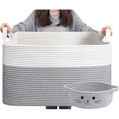 Goodpick Toy Basket, Large Basket Blanket Storage for Living Room, Baskets for Gifts Empty, Nursery Laundry Basket for Dirty Clothes Pillows Towel, 21.6" x 14.9" x 11.8", White & Grey