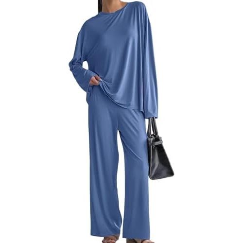 Womens 2 Piece Pajamas Set Casual Loose Long Sleeve Pullover Tops & Wide Leg Pants Matching Lounge Sets