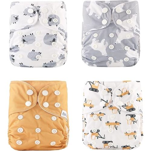 Baby Cloth Diapers Adjustable Reusable Cloth Diapers One Size Washable Nappy Covers Baby Cloth Pocket for Newborn Toddlers Boys Girls(4 Pcs, Sewed Inserts)