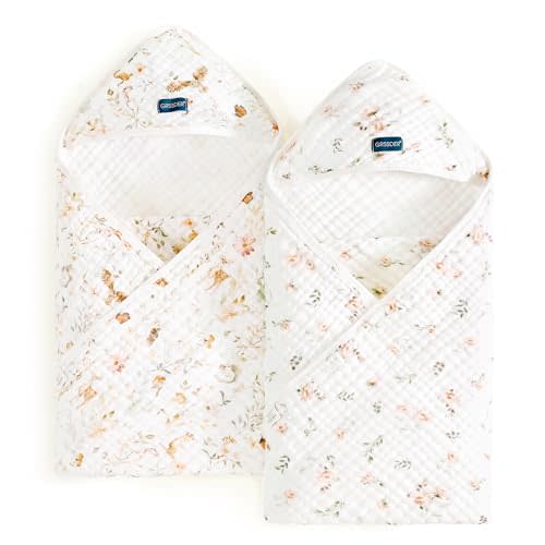 GRSSDER Ultra Soft Absorbent Muslin Cotton Baby Hooded Towel 2 Pack with Original Patterns, Extra Large Size 35"x 35" Swaddle Wrap for Newborn Infant and Toddler