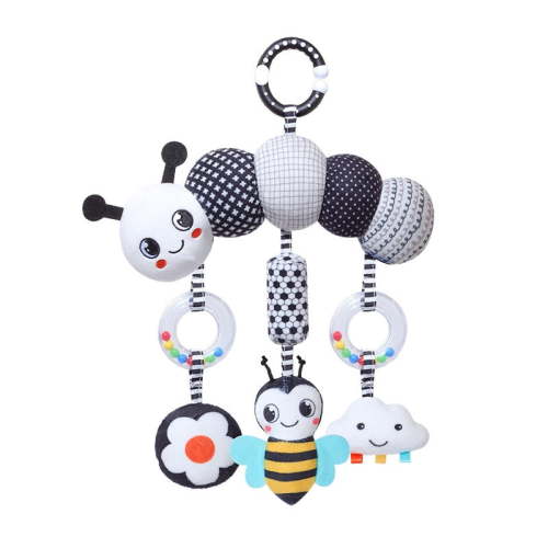 Black & White Baby Car Seat Toy – High Contrast Hanging Rattle with Crocodile & Caterpillar, Newborn Stroller Toy for 0-6 Months, Sensory Developmental Gift for Boys & Girls