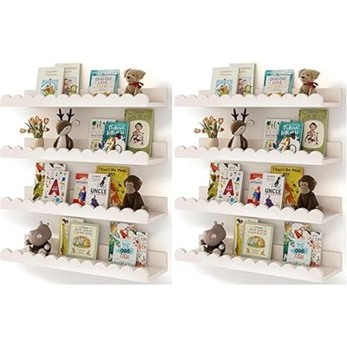 Shario Nursery Book Shelves, 8-Pack White Floating Shelves for Wall Kids, Scalloped Shelves, Wall Book Shelves for Bedroom Kids, Toddler Room, Baby Room, Nursery Decor