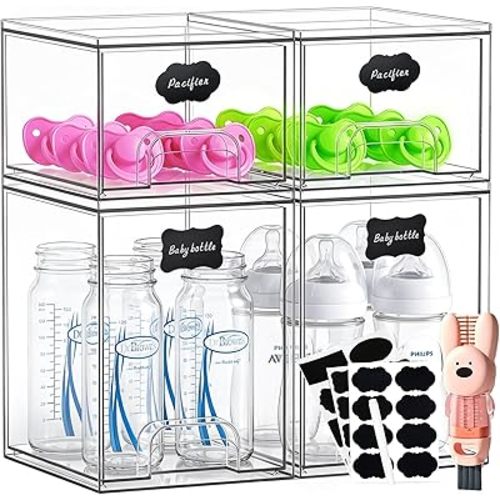 TOOGE Stackable Baby Bottle Organizer: Acrylic Bottle Organizer Baby Storage Drawers Clear Bottle Station Organization for Countertop Cabinet Vanity with 4 in 1 Cup Lid Cleaning Brush & Label - Tall
