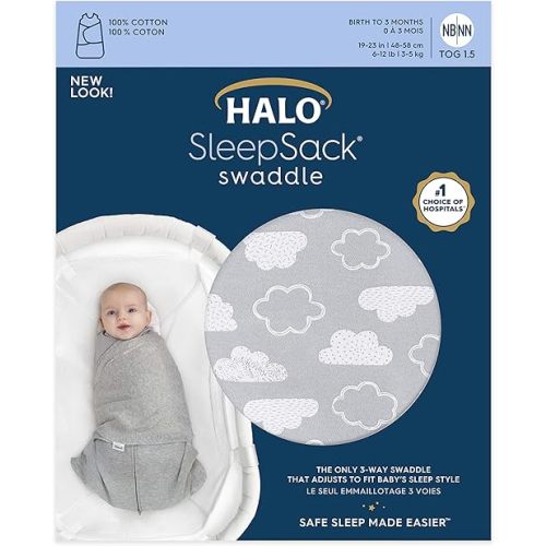 HALO 100% Cotton Sleepsack Swaddle, 3-Way Adjustable Wearable Blanket, TOG 1.5, Clouds, Small, 3-6 Months