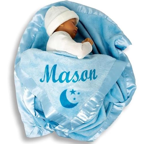 Manta grande para bebé con nombre personalizado y borde de satén de 36 pulgadas x 36 pulgadas para niños y niñas., Felpa, Azul