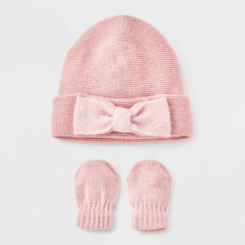 Baby Girls' Bow Hat And Mitten Set - Cat & Jack™ Pink 0-6m