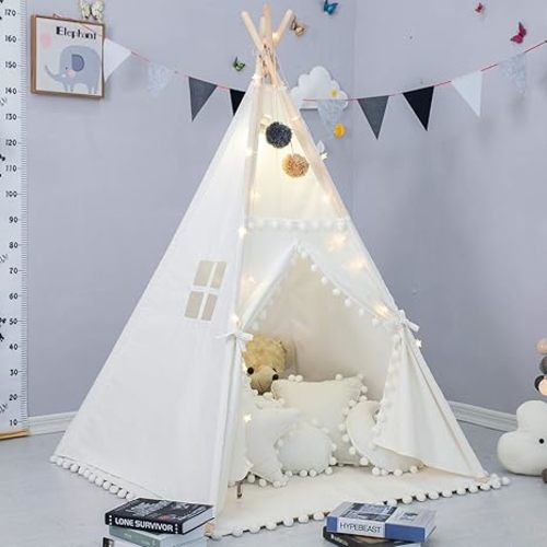 Teepee Tent for Kids with Padded Mat, Foldable Play Tent with Carry Bag for Indoor Outdoor, Pompom Lace Cotton Canvas Playhouse Tipi for Girls Boys