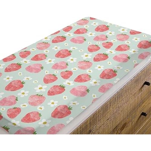 Baby Girls Changing Pad Covers Pink Strawberry, Watercolor Green Fruit Flower Safe Snug Fitted Diaper Table Sheet, Soft Breathable Stretchy Change Mat Shower Gift Fit 32 34 x 16