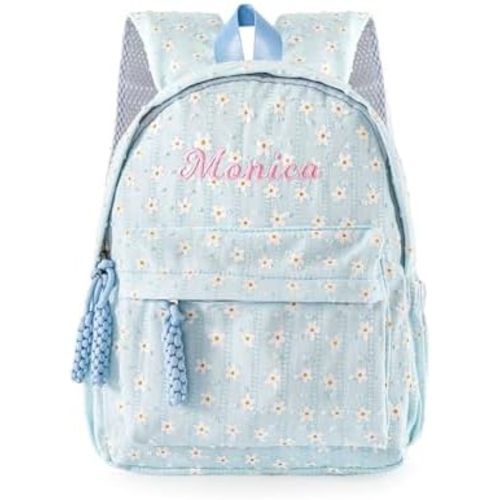 MT WORLD Daycare Backpack with Flower Personalized Floral Backpack with Embroidered Name - 12 Inch Backpack with Multiple Pockets - Blue Daisy Flower Backpacks - Custom Gifts for Birthday